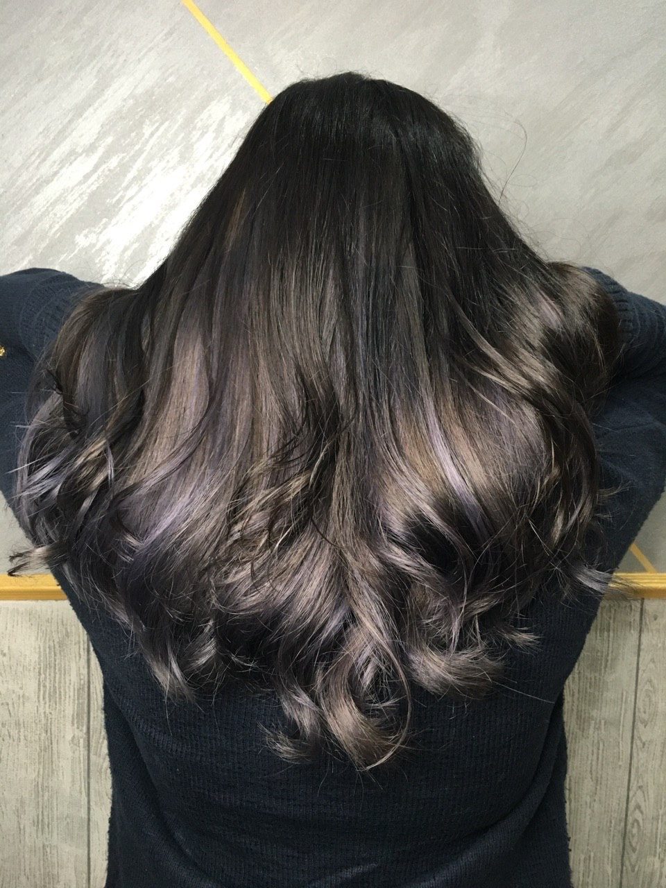 Long hair with ash brown balayage, curled
